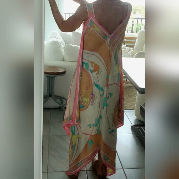 BRIJO Vintage Pastel Rolled Jacquard Silk Hankerchief V Tank Maxi Dress - Picture 16 of 16